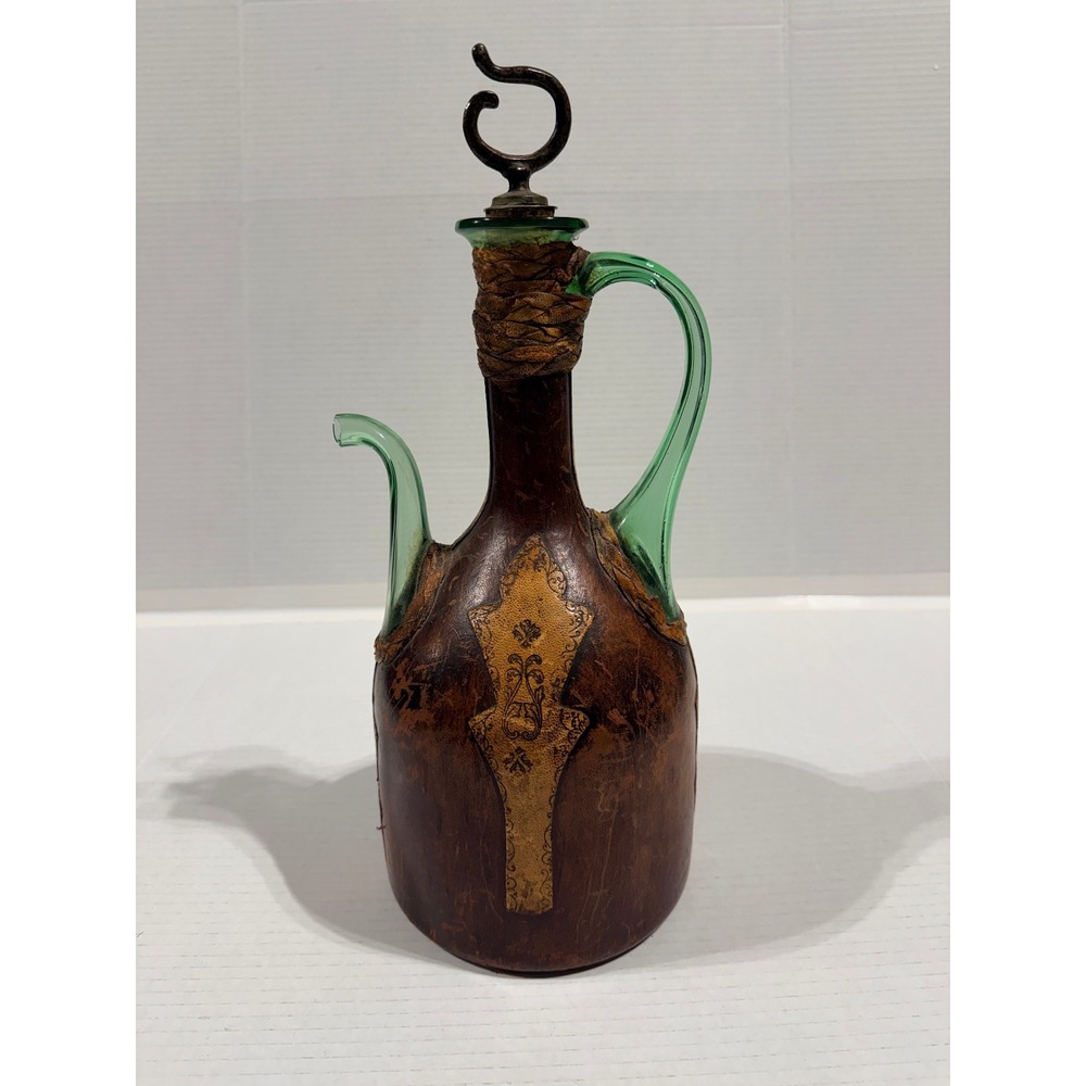 Vintage MCM Italian Leather Wrapped Green Glass Decanter Bottle - 14.5" Tall